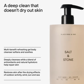 Salt & Stone being used in shower illustrating gentle cleansing and foam