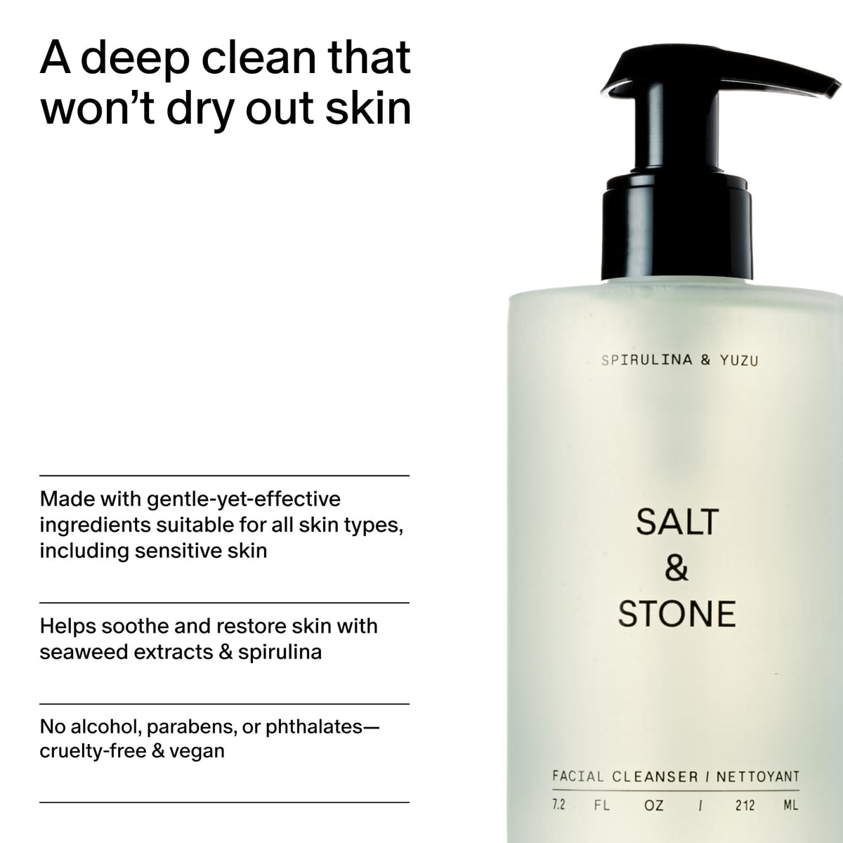 Salt & Stone ingredient display with spirulina and yuzu emphasizing natural actives