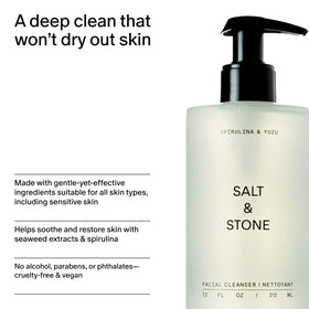 Salt & Stone ingredient display with spirulina and yuzu emphasizing natural actives
