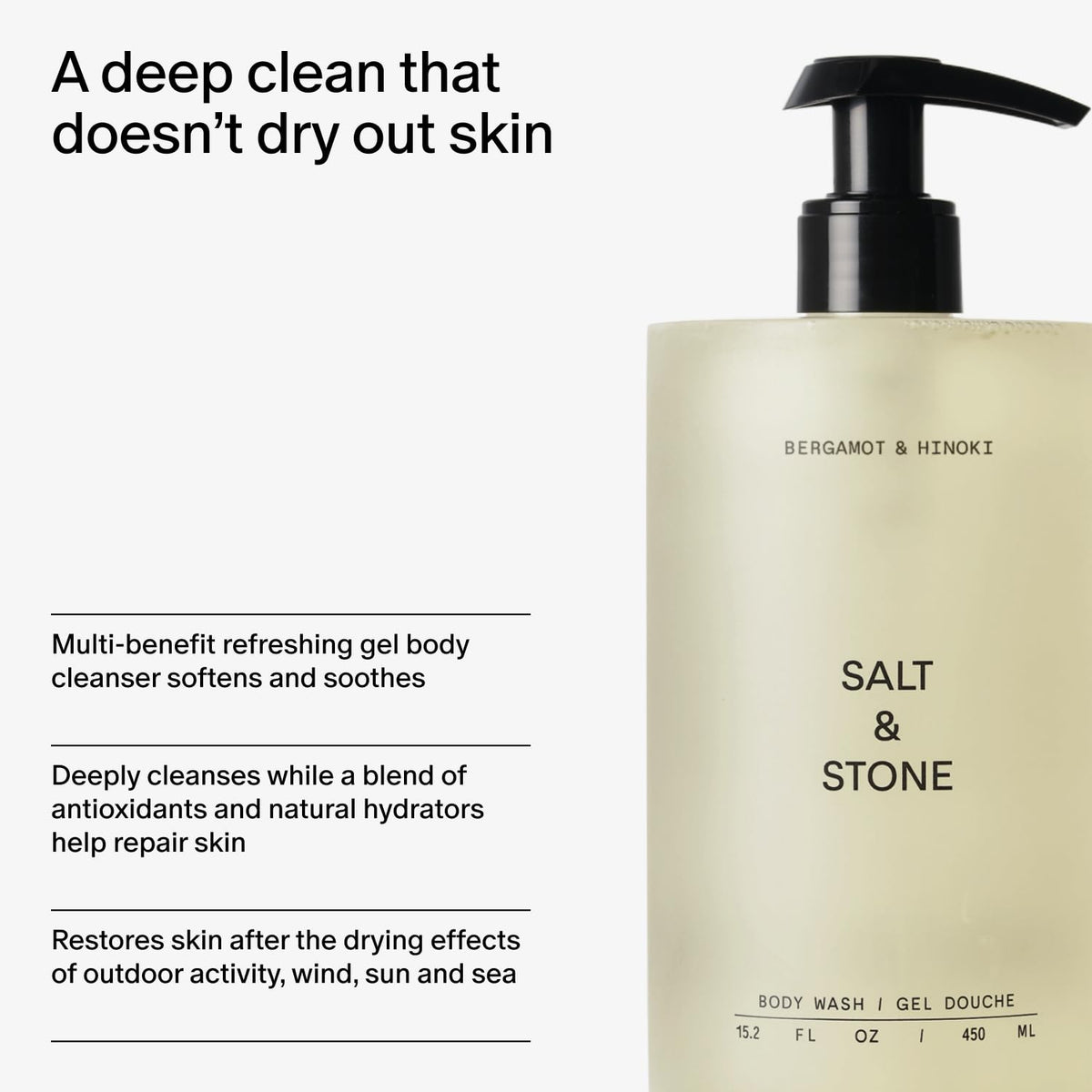 Salt & Stone label highlighting vegan and Leaping Bunny certifications