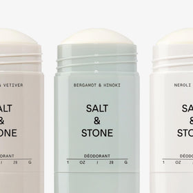 Salt & Stone on bathroom vanity staged for daily grooming routine