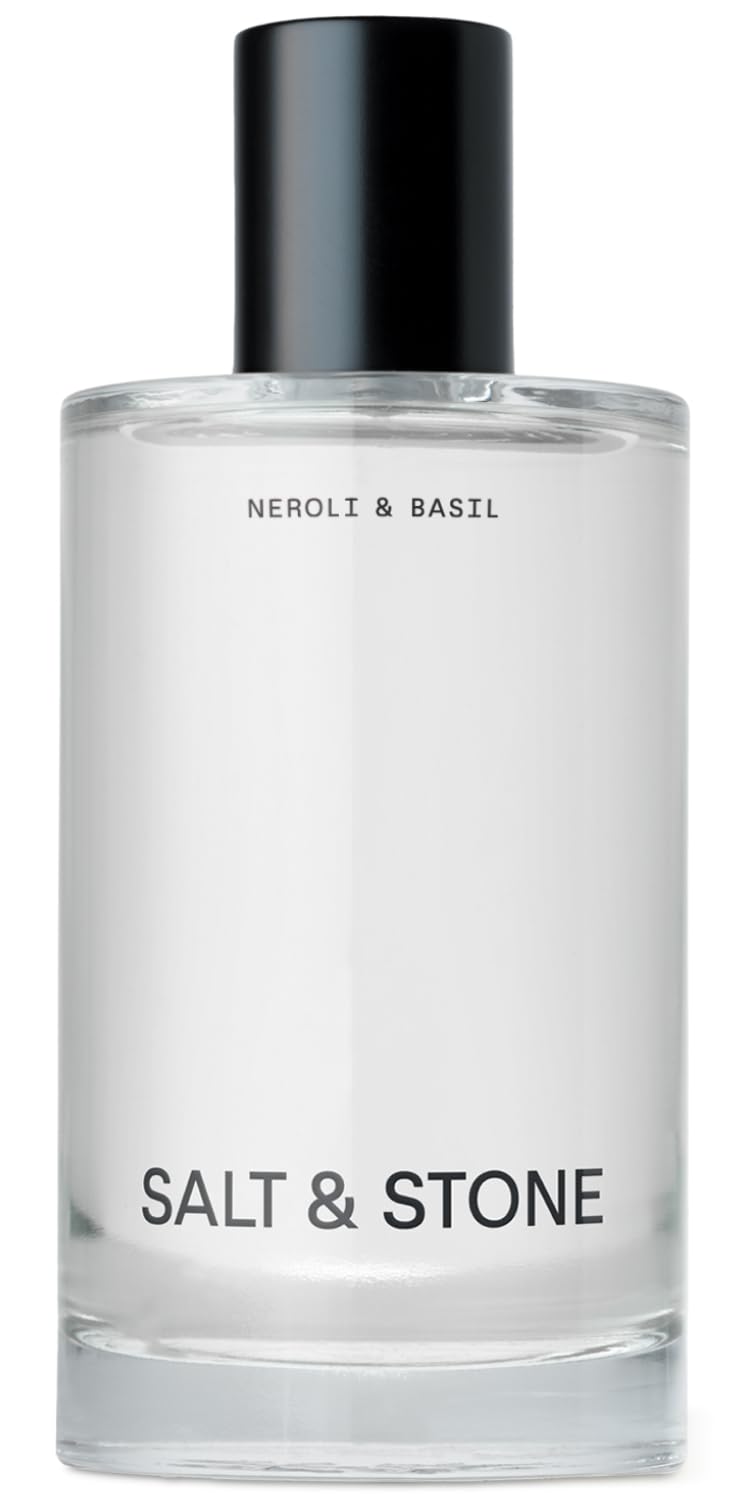 Salt & Stone front bottle showing Neroli & Basil scent and sleek packaging benefit: easy identification