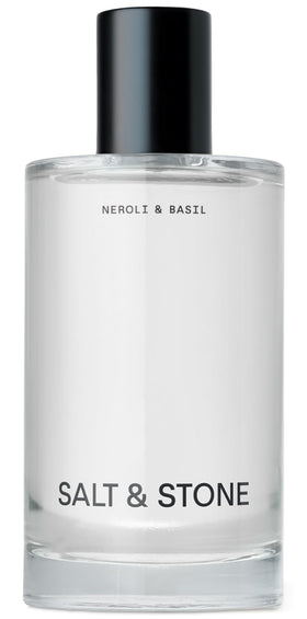 Salt & Stone front bottle showing Neroli & Basil scent and sleek packaging benefit: easy identification