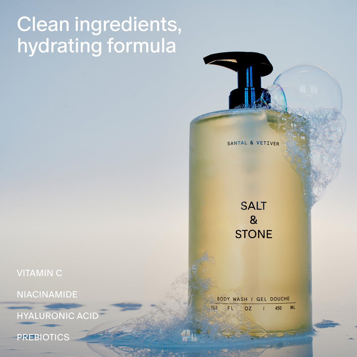 Salt & Stone pump and label close-up highlighting clean-ingredient benefits