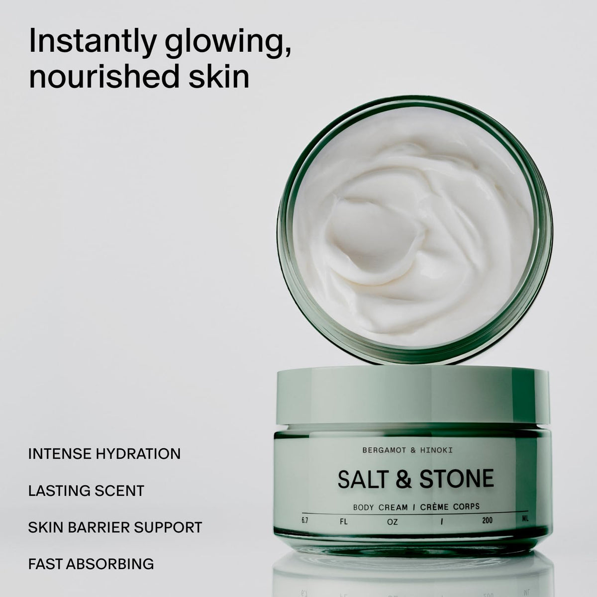Salt & Stone pump and label detail highlighting clean formulation benefit