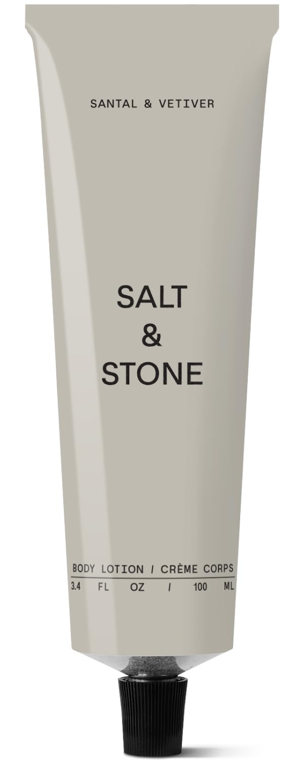 Salt & Stone front packaging showing Santal & Vetiver lotion and benefits