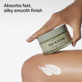 Salt & Stone label listing bergamot and hinoki scent notes for fresh woody aroma