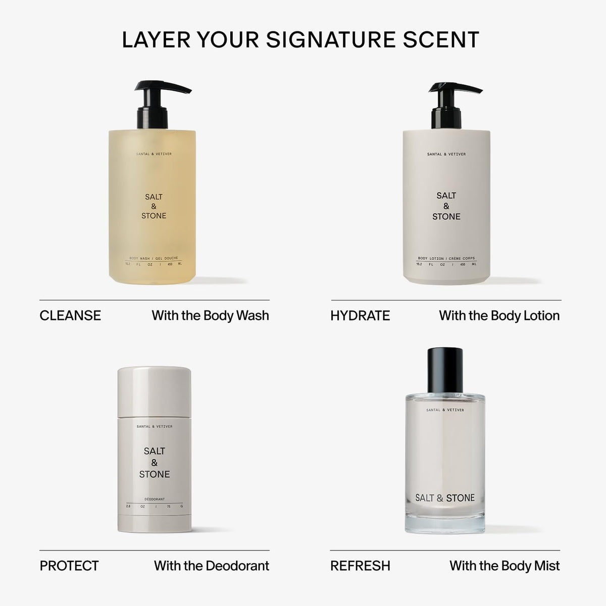 Salt & Stone in shower lifestyle scene conveying a warm woody scent