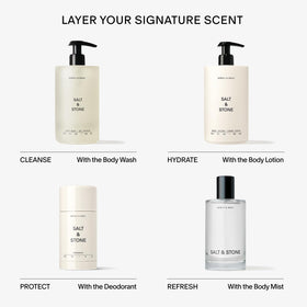 Salt & Stone size comparison with 32 fl oz label conveying long-lasting supply benefit