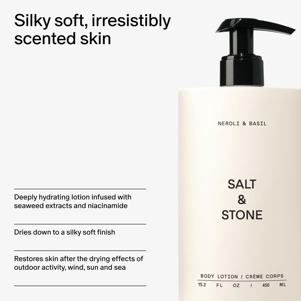 Salt & Stone bottle beside a hand to show 15.2 fl oz scale and value