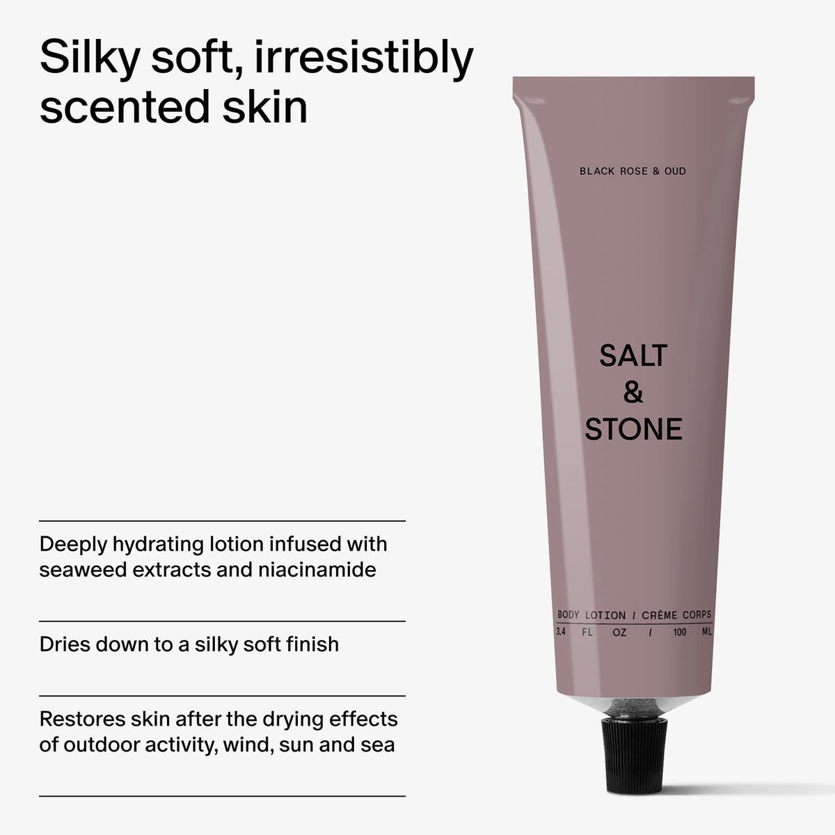 Salt & Stone size scale with 3.4 fl oz bottle showing compact travel-friendly volume