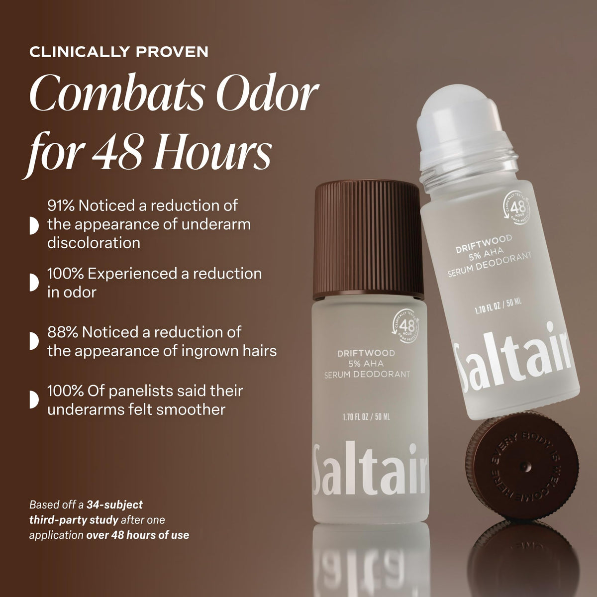 Person applying Saltair to underarm demonstrating easy roll-on use and quick dry