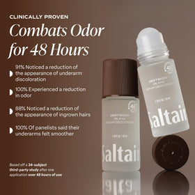 Person applying Saltair to underarm demonstrating easy roll-on use and quick dry