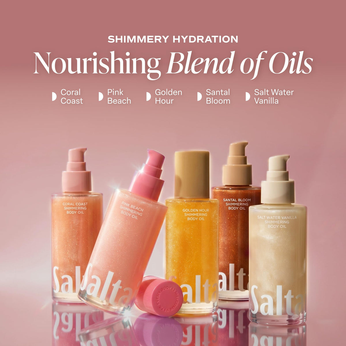 Applying Saltair shimmering body oil to damp skin for instant hydration and glow