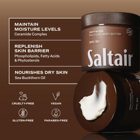 Saltair body butter in bathroom setting showing daily routine ease and lifestyle fit