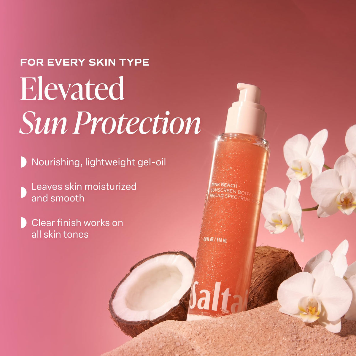 Saltair applied on skin at beach conveying protected, glowing skin outdoors