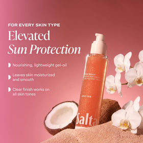 Saltair applied on skin at beach conveying protected, glowing skin outdoors