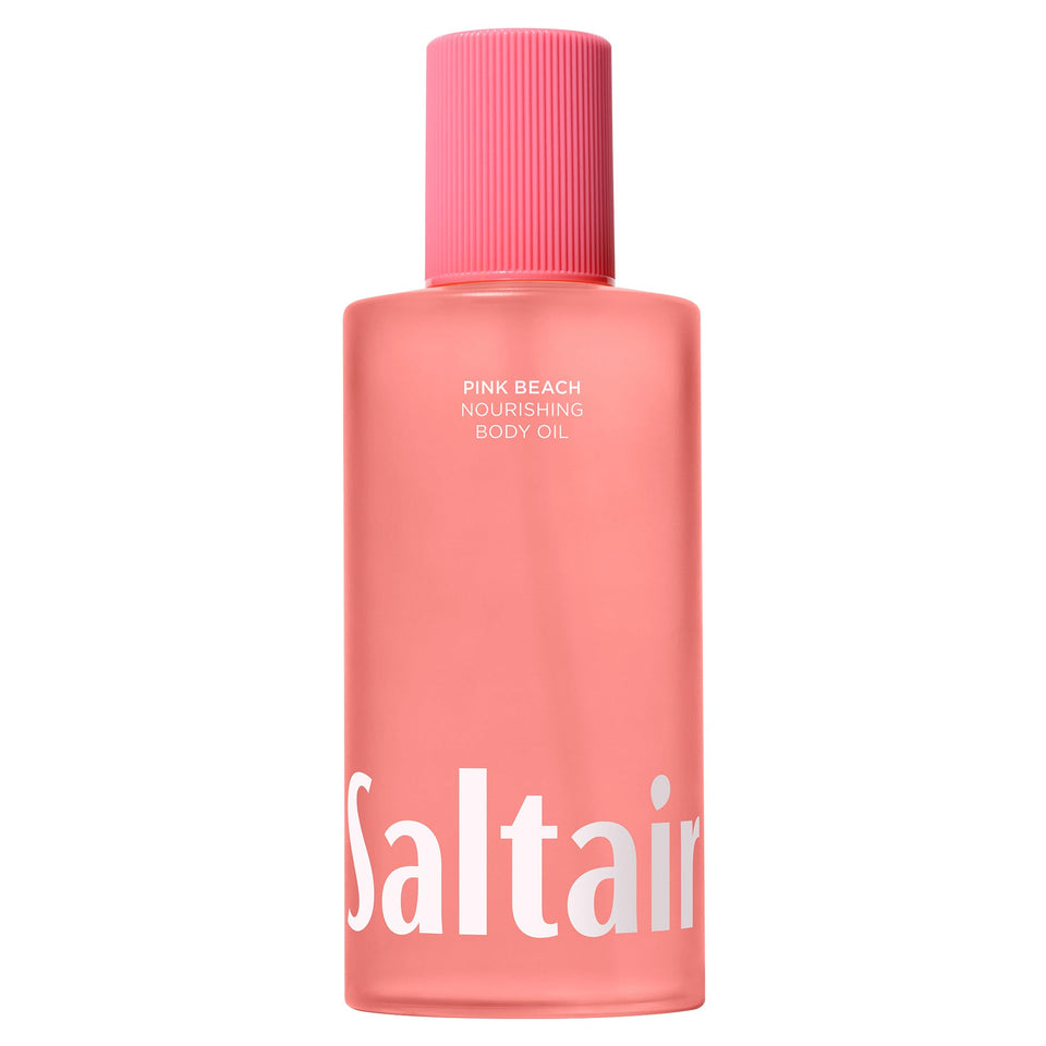 Saltair front view of pink beach 10oz bottle showing product benefits
