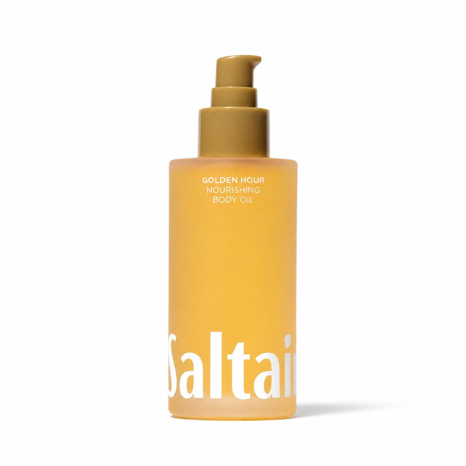 Saltair body oil front packaging showing label and 4oz bottle, easy identification benefit