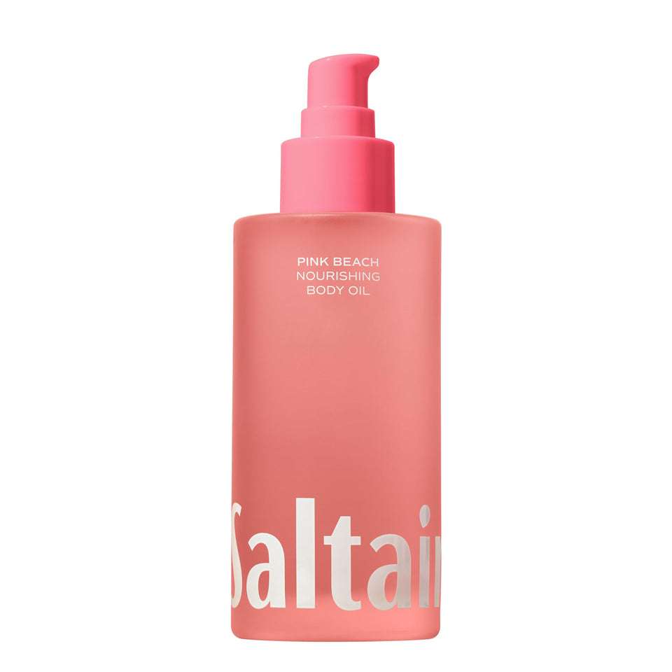 Saltair bottle front view showing Pink Beach label and tasteful packaging benefit
