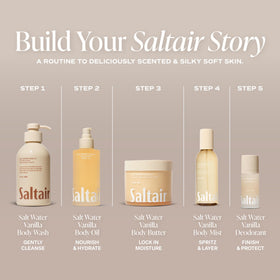 Saltair bottle on shower shelf implying post-shower hydration routine