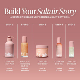 Saltair bottle styled with seashells to evoke Coral Coast scent and beachy mood
