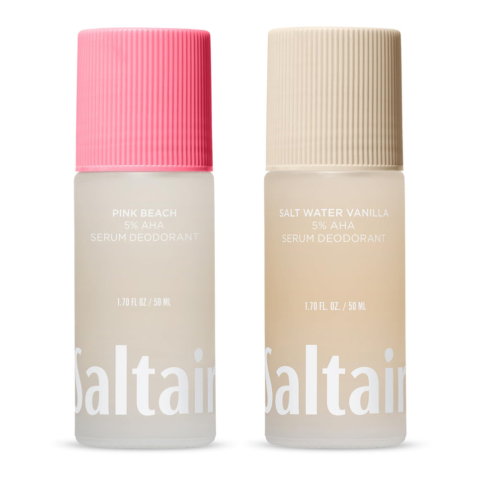 Saltair Coconut Vanilla front pack showing travel roll-ons and skincare benefits