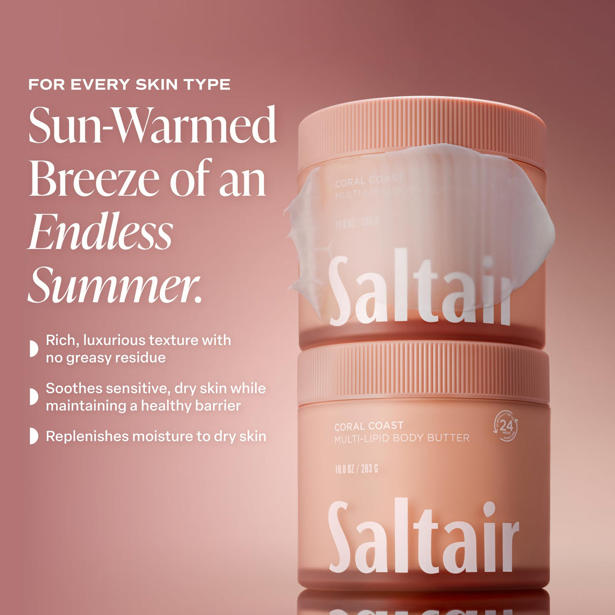 Saltair Coral Coast ingredients flatlay featuring shea, coconut and sea buckthorn benefits