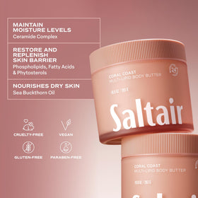 Saltair Coral Coast label close-up showing ceramides and clean-beauty credentials
