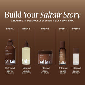 Saltair ingredients display with kukui moringa squalane highlighting nourishing benefits