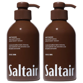 Saltair front packaging shows two Driftwood-scent pump bottles and invites hydration