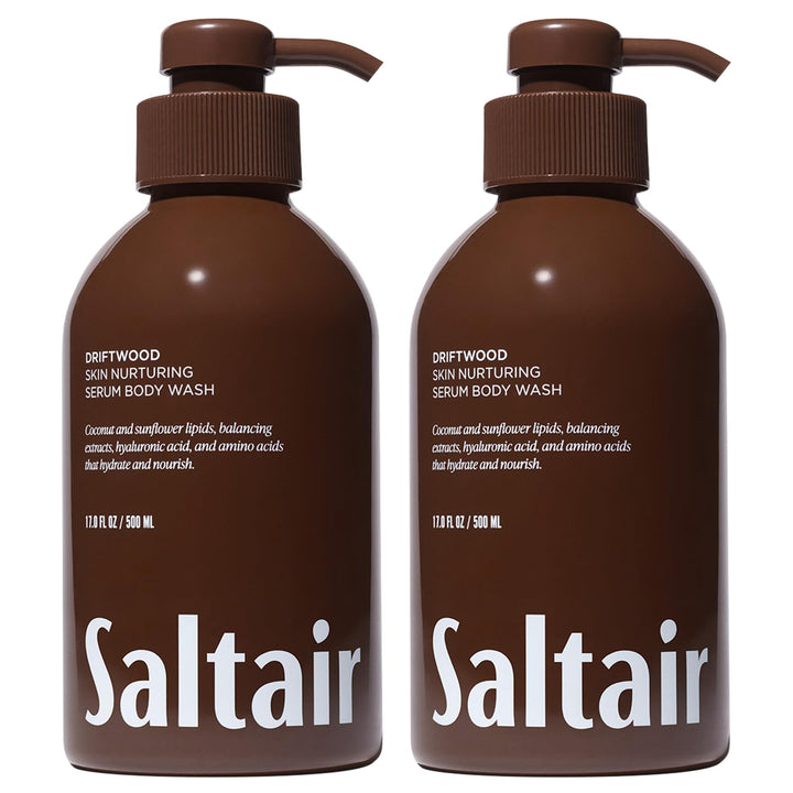 Saltair front packaging shows two Driftwood-scent pump bottles and invites hydration