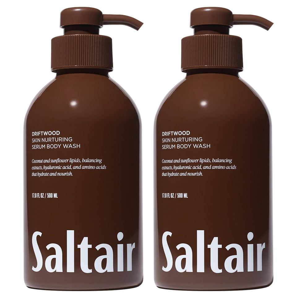 Saltair front packaging shows two Driftwood-scent pump bottles and invites hydration