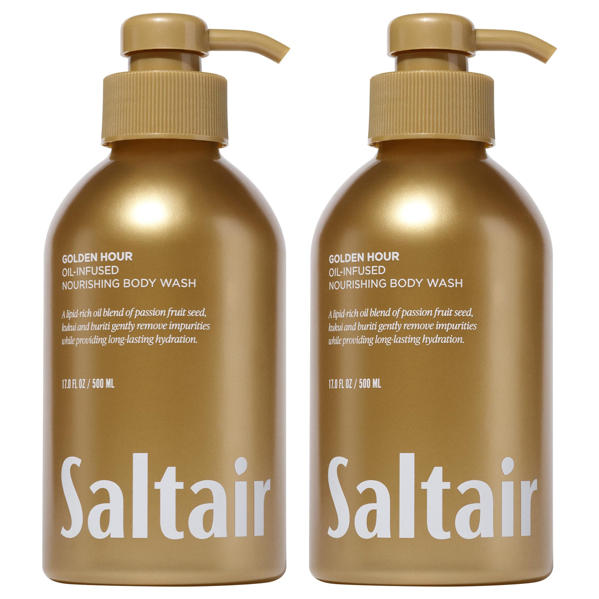 Saltair front packaging showing Golden Hour scent and two pumps benefits soft skin