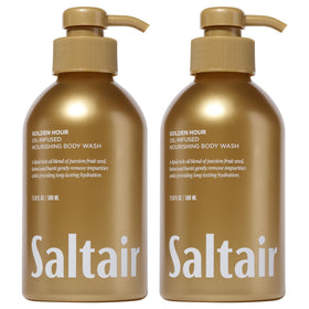 Saltair front packaging showing Golden Hour scent and two pumps benefits soft skin