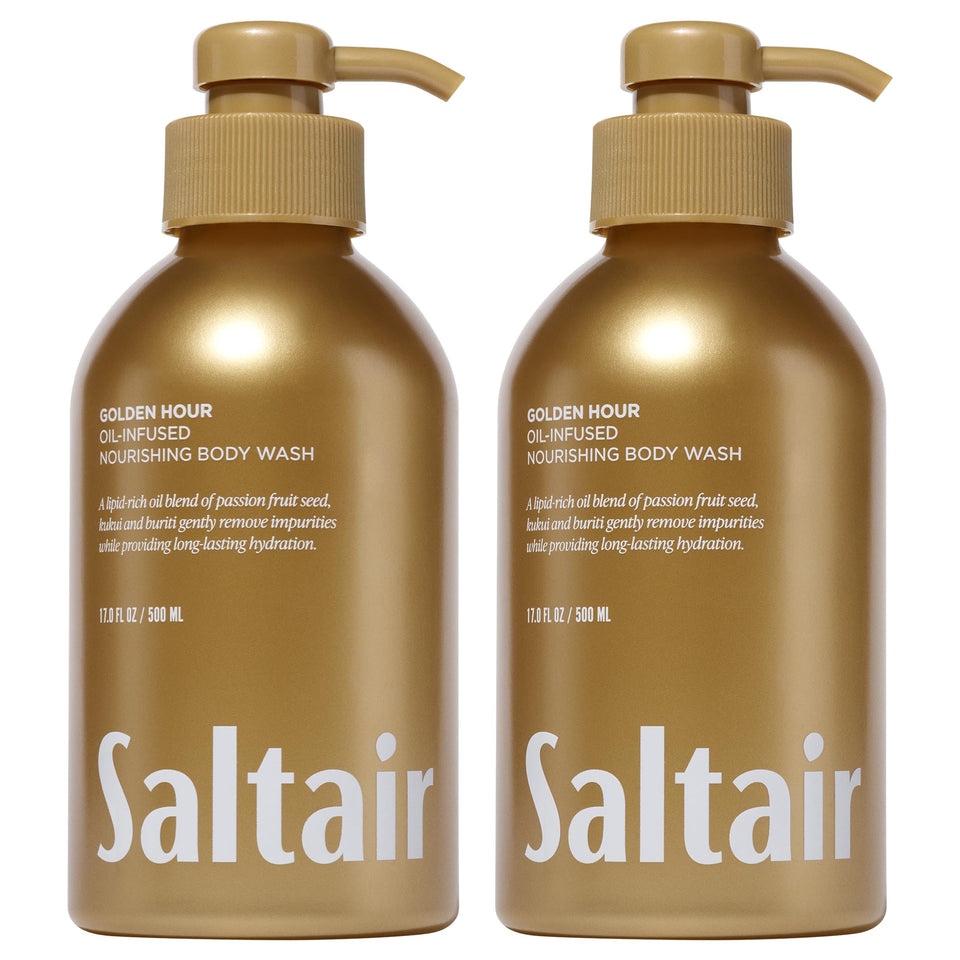 Saltair front packaging showing Golden Hour scent and two pumps benefits soft skin