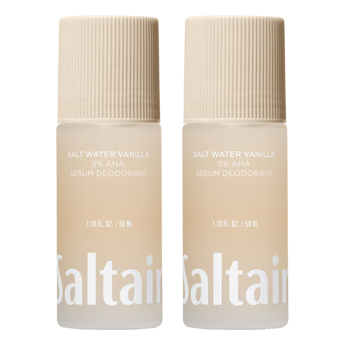 Saltair front packaging showing salt water vanilla scent and travel roll-ons benefit: fresh all-day odor control
