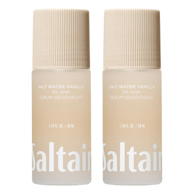 Saltair front packaging showing salt water vanilla scent and travel roll-ons benefit: fresh all-day odor control