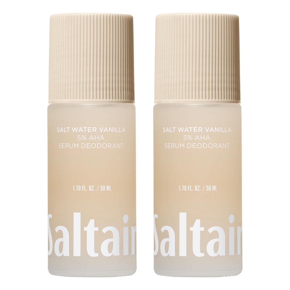 Saltair front packaging showing salt water vanilla scent and travel roll-ons benefit: fresh all-day odor control