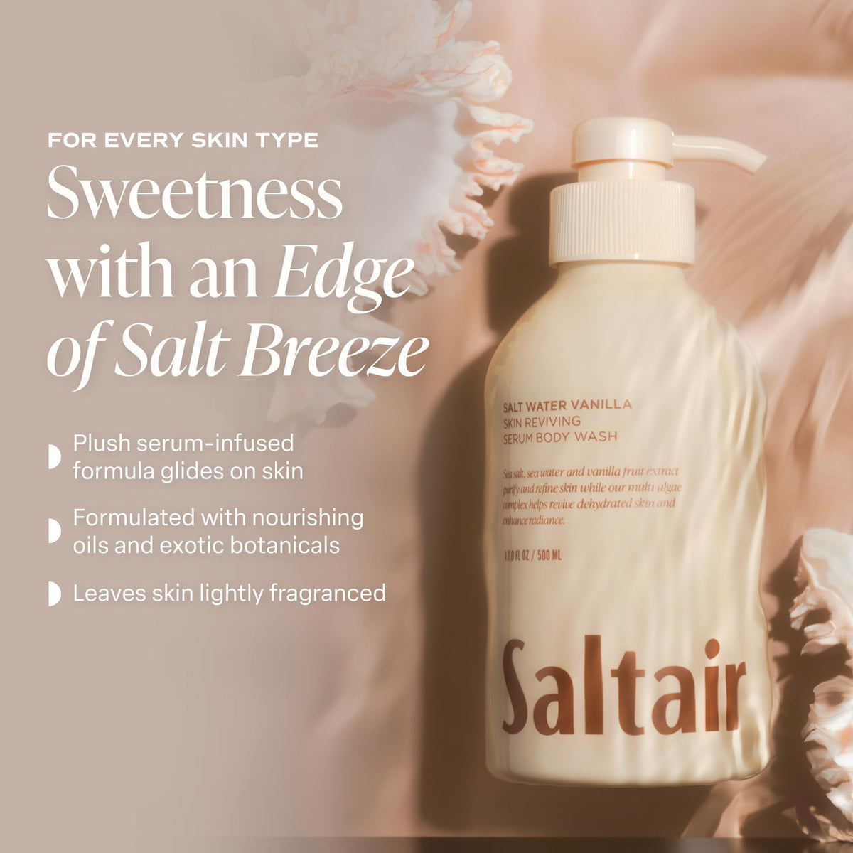 Saltair bottle in shower scene conveying refreshing daily ritual