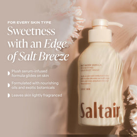 Saltair bottle in shower scene conveying refreshing daily ritual