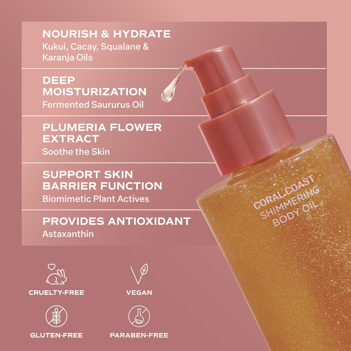 Kukui and cacay ingredient focus beside Saltair bottle emphasizing nourishing oils