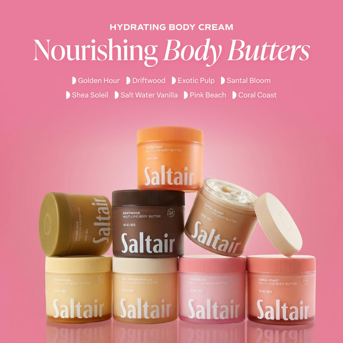 Ceramides, shea butter and coconut oil display representing Saltair nourishment