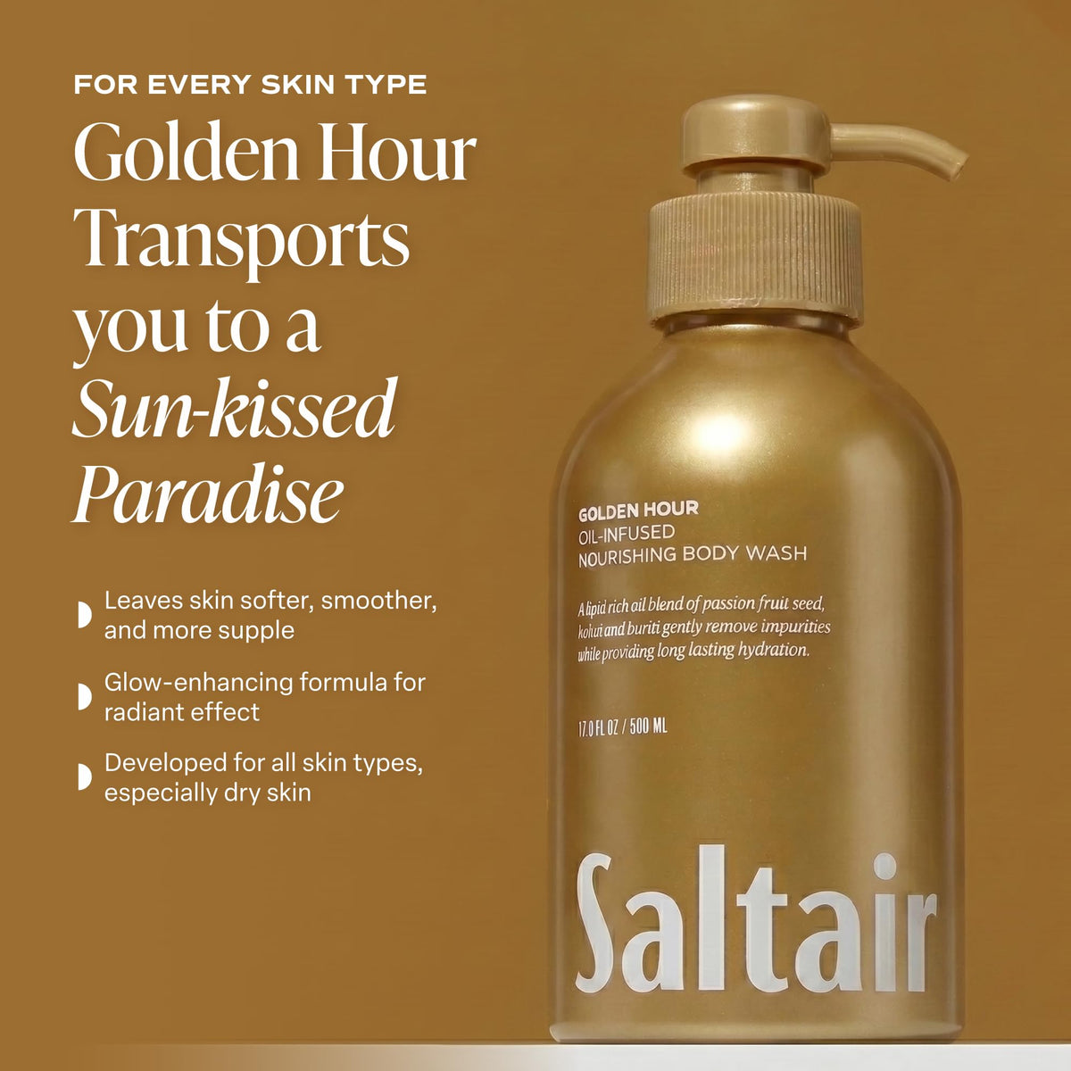 Saltair ingredients panel detail featuring Vitamin E and hydrating oil blend benefits