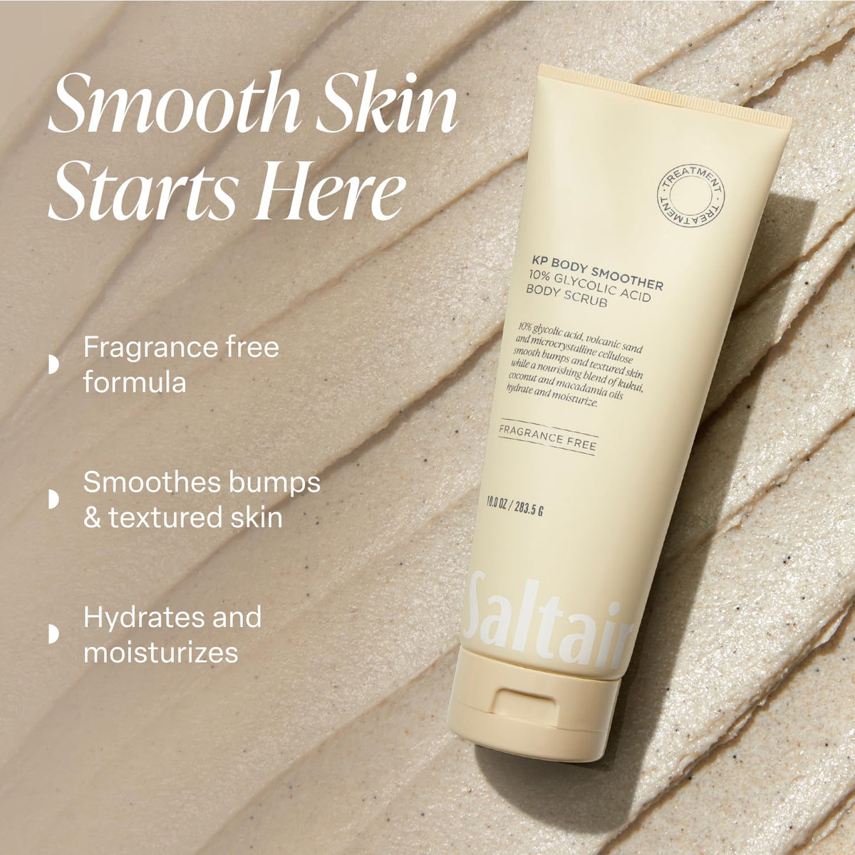Saltair applying scrub to upper arm in shower for smoother skin appearance