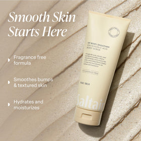 Saltair applying scrub to upper arm in shower for smoother skin appearance