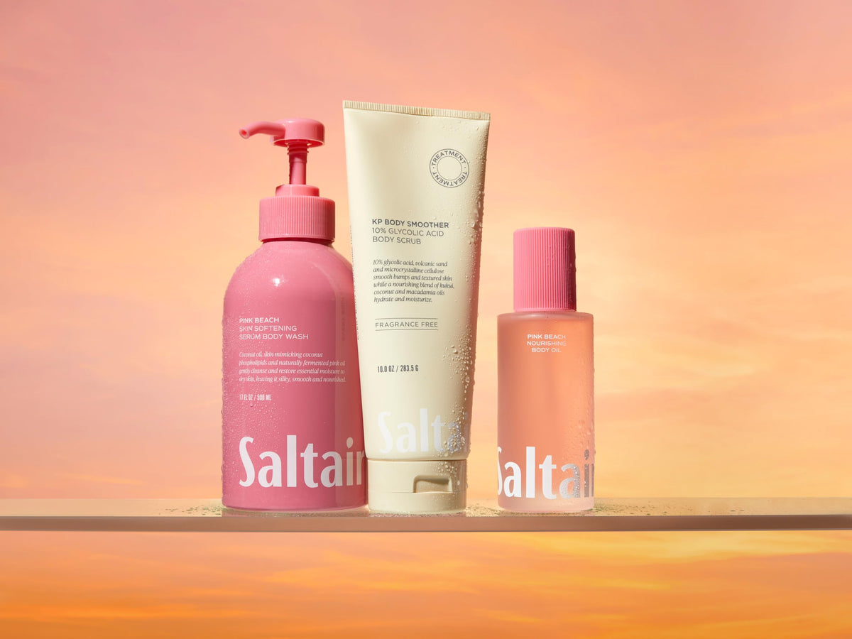 Saltair KP Body Scrub in bathroom setting showing routine-friendly, fragrance-free care