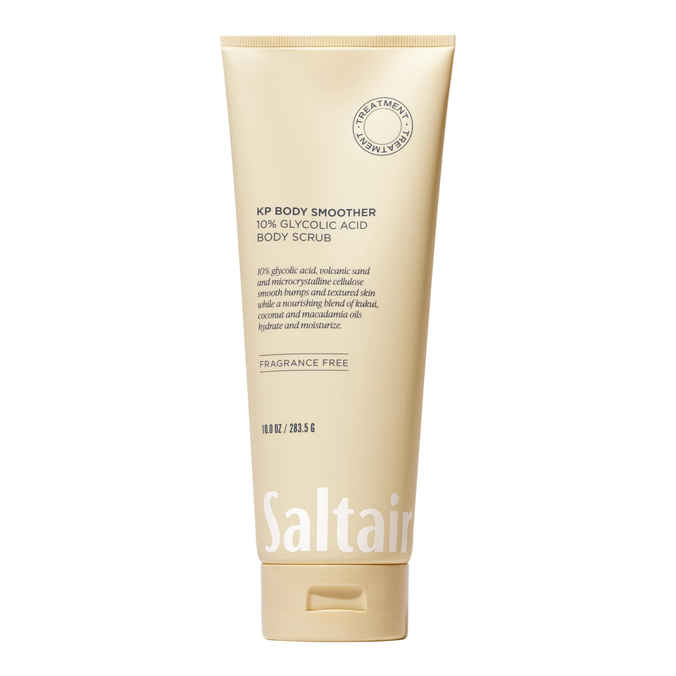 Saltair KP Body Scrub front packaging showing product and size, clear benefits