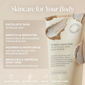 Saltair KP Body Scrub label close-up showing glycolic acid and plant oil ingredients