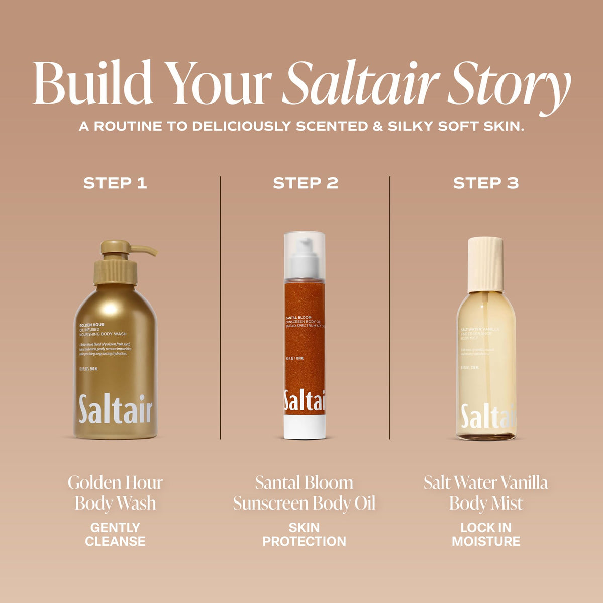 Saltair label close-up highlighting kukui, mongongo, vitamins for skin nourishment benefit